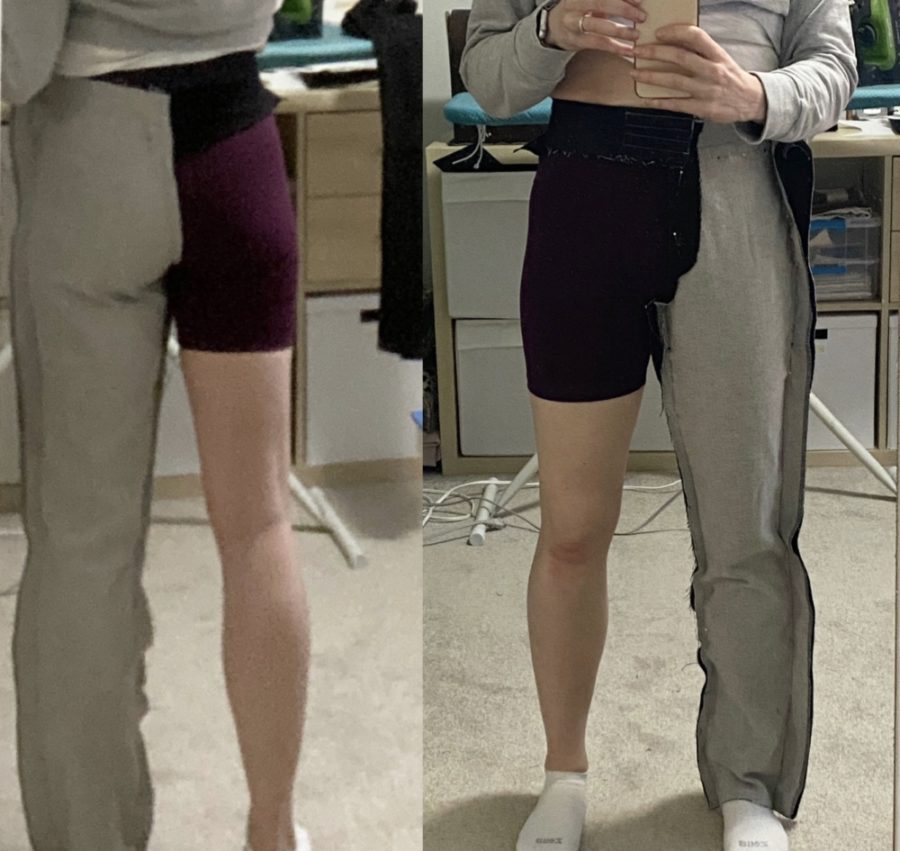 A combined photo showing a front view and back view of me wearing the one legged toile over a pair of purple bike shorts. The photo is cropped to show from the waist down.